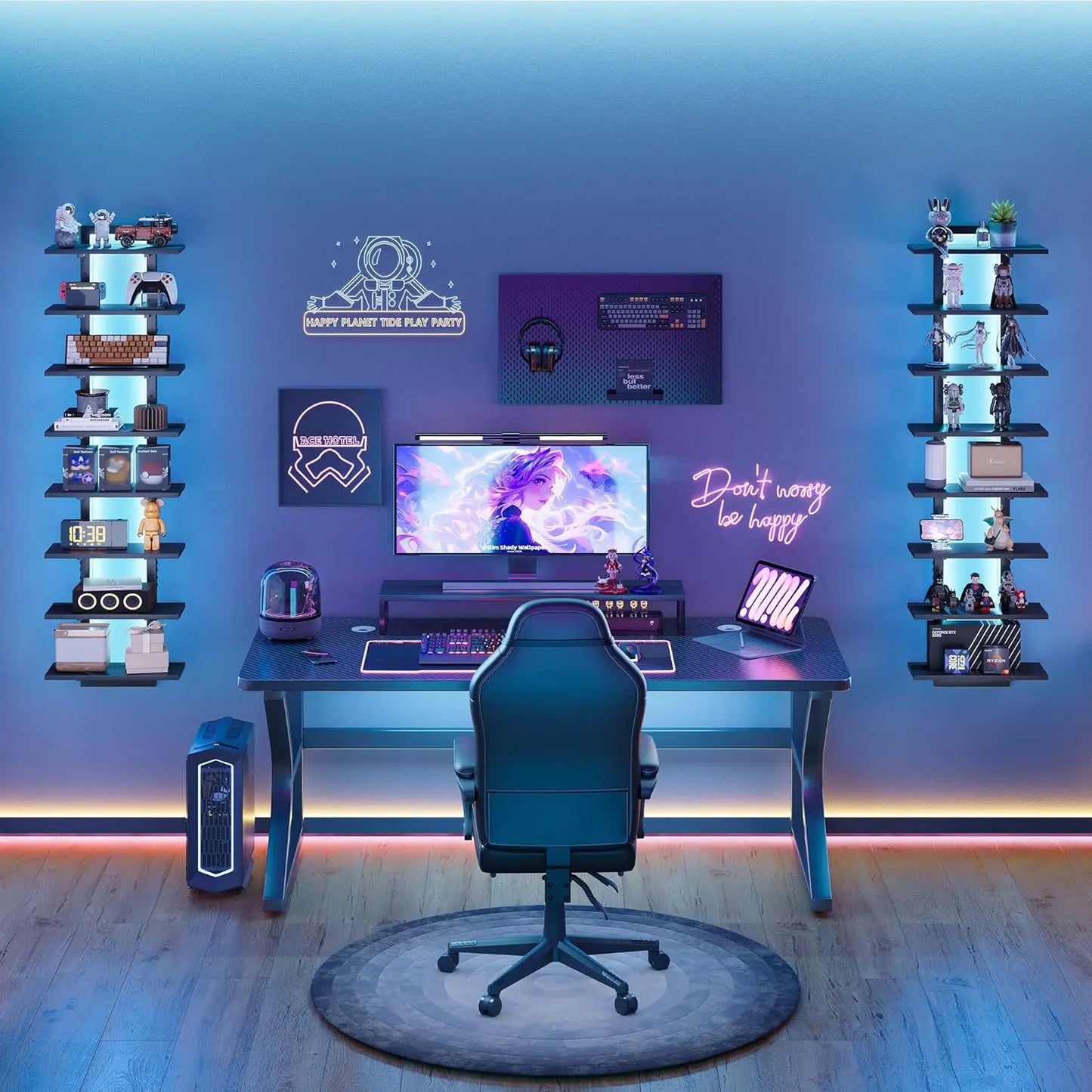 Floating 8-Tier Wall Shelf With LED Light Vertical Display