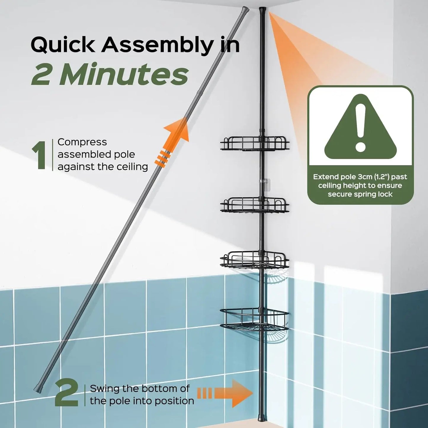 Rustproof 4-Tier Adjustable Shower Caddy Tension Pole No Drill