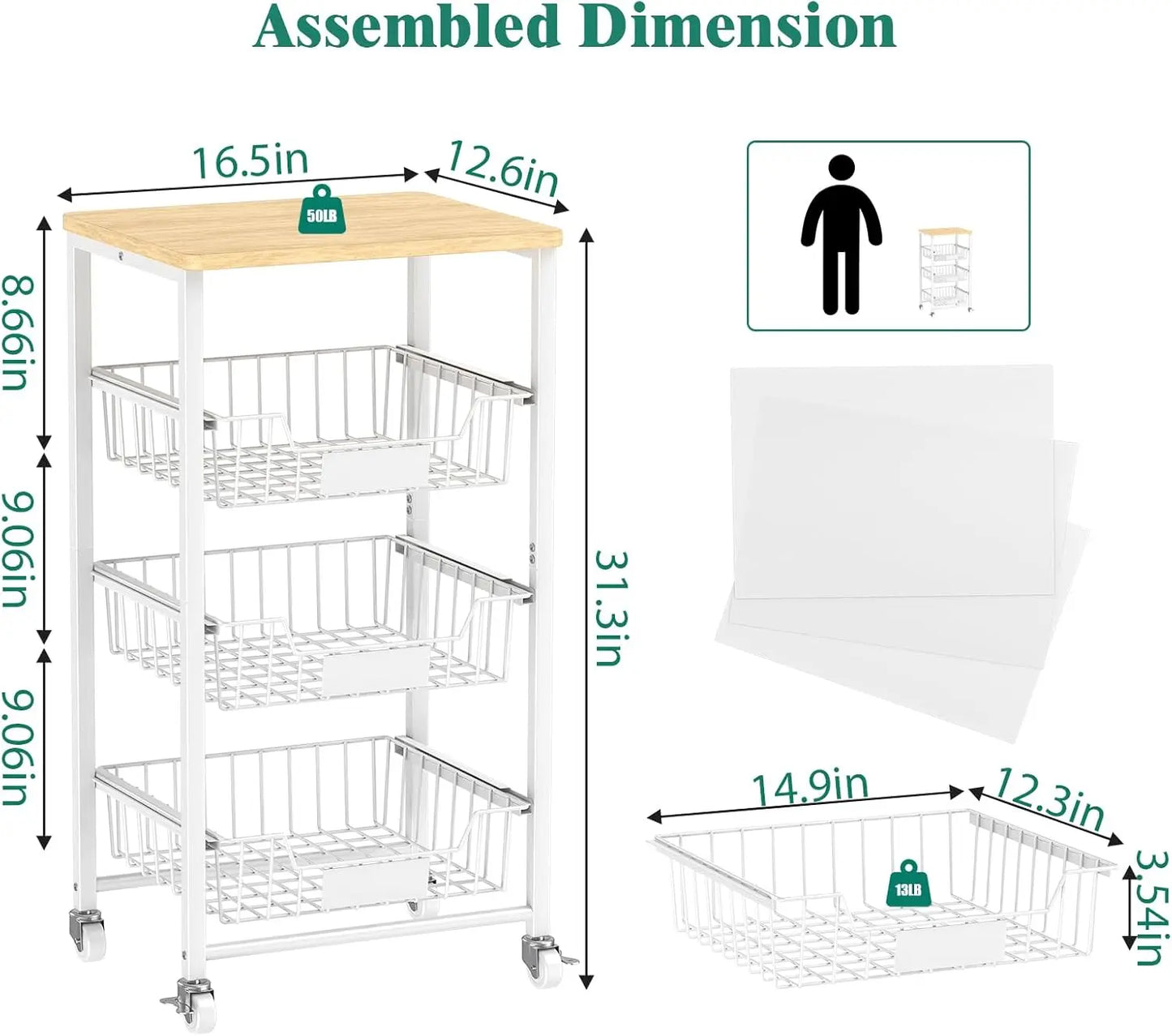 4-Tier Rolling Kitchen Cart With Wood Top And Drawer Baskets