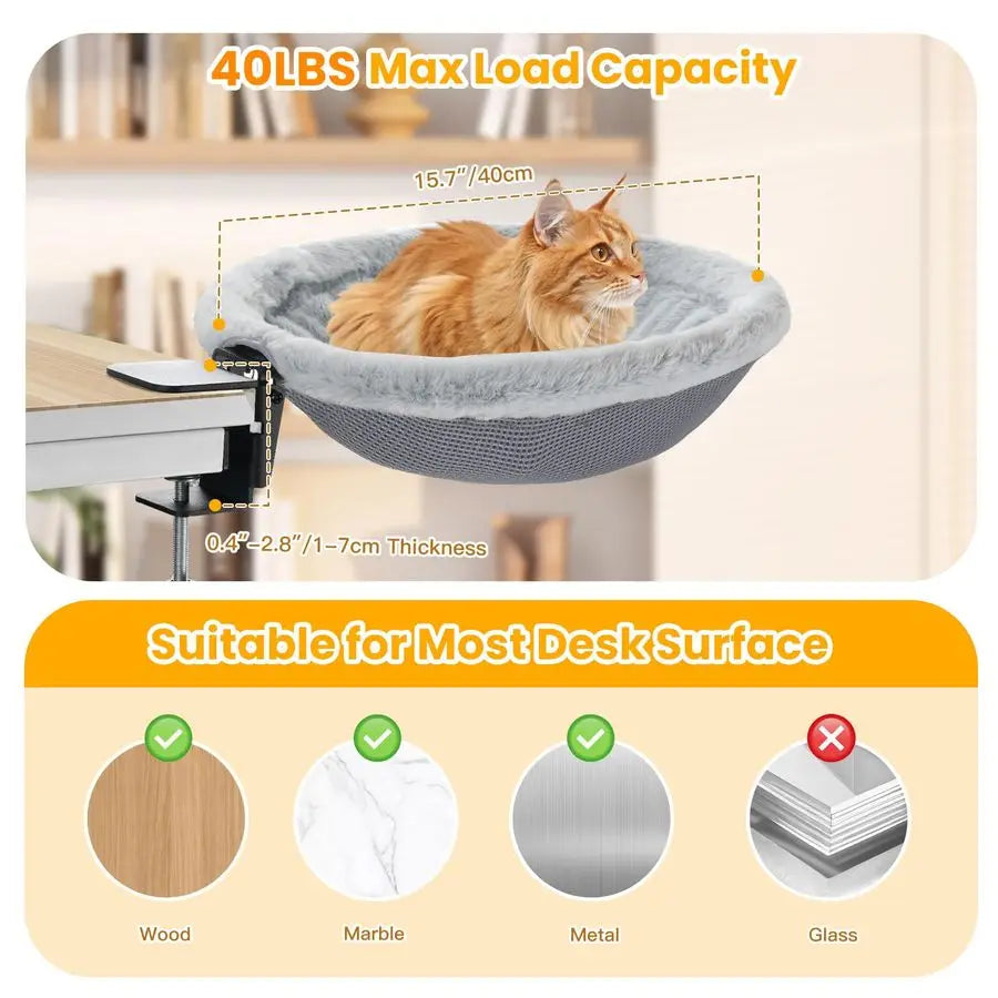 Cat Desk Bed With Clamp, Sunken Hammock And Plush Bed