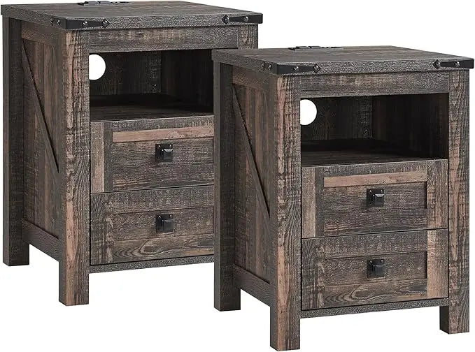 Farmhouse Nightstand Set with Charging Station Rustic Bedroom Nightstands