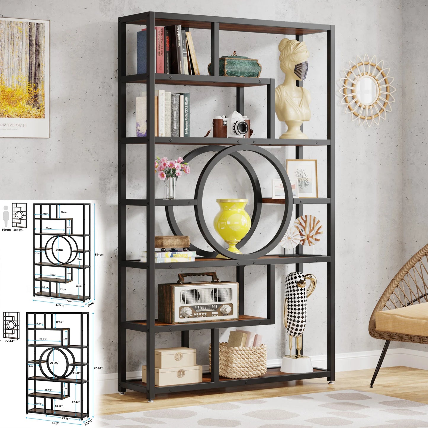 Tribesigns Industrial Etagere Bookshelf Freestanding Tall Display Shelf
