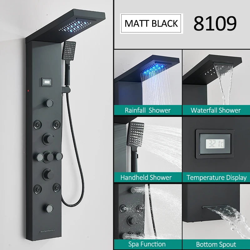 Quyanre LED Shower Panel Tower System With Rainfall Massage Jets