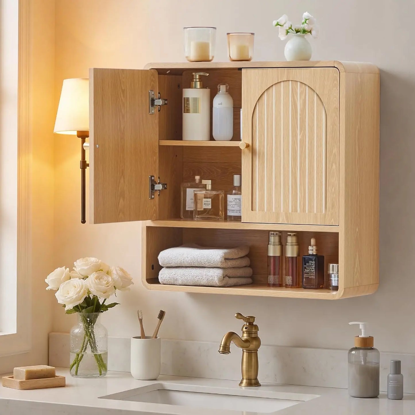 Wall Mounted Mid Century Wood Bathroom Cabinet With Adjustable Shelf