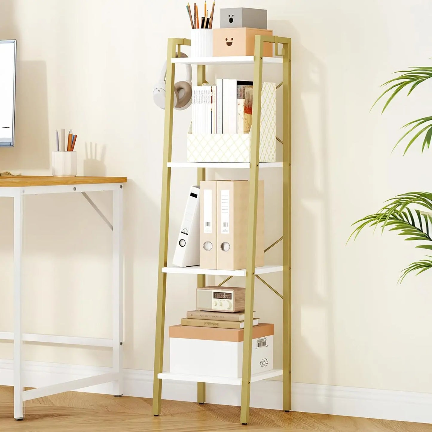XIUWO Ladder Shelf Bookshelf With 2 Hooks Freestanding Corner Storage
