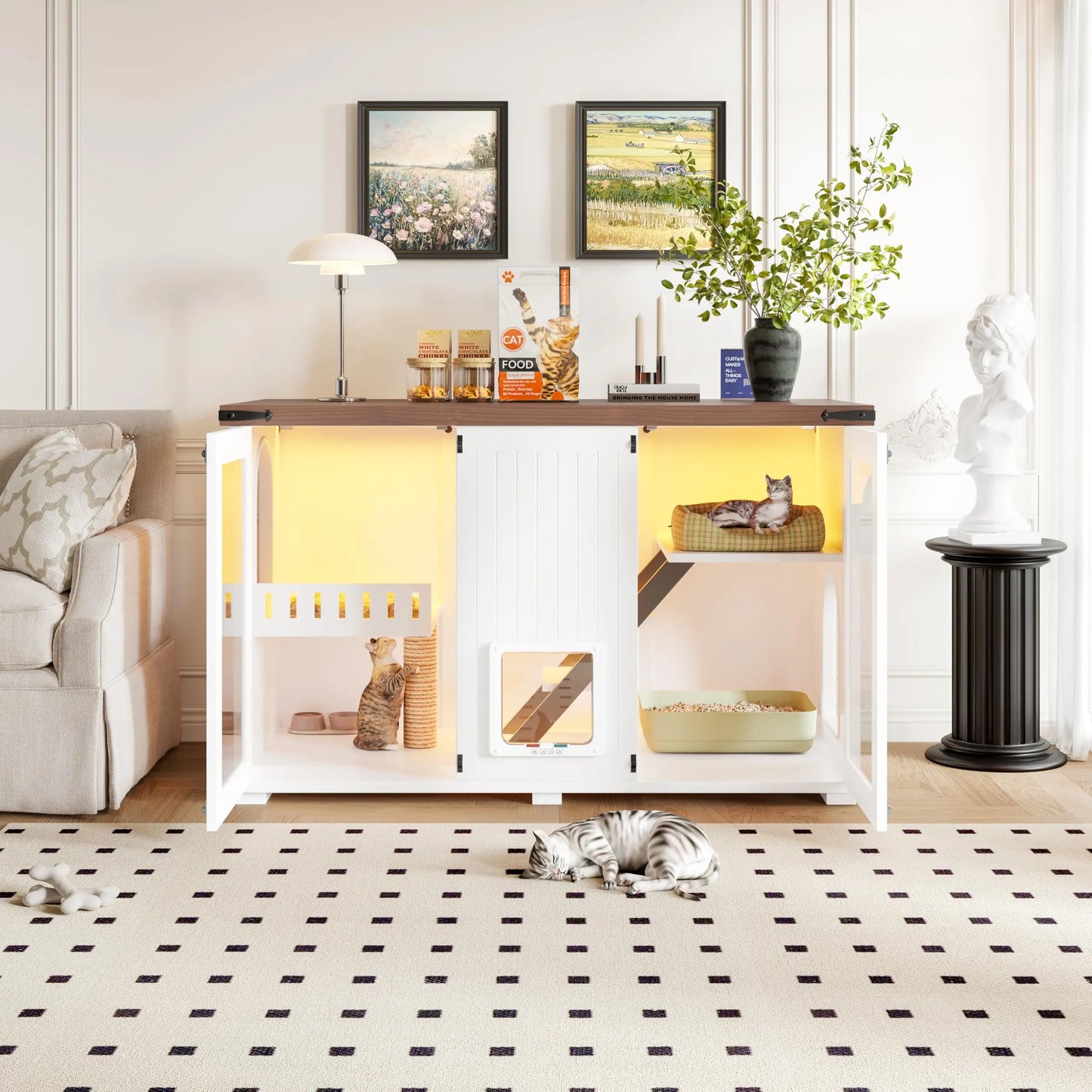 Cat House Hidden Litter Box Enclosure With LED Light