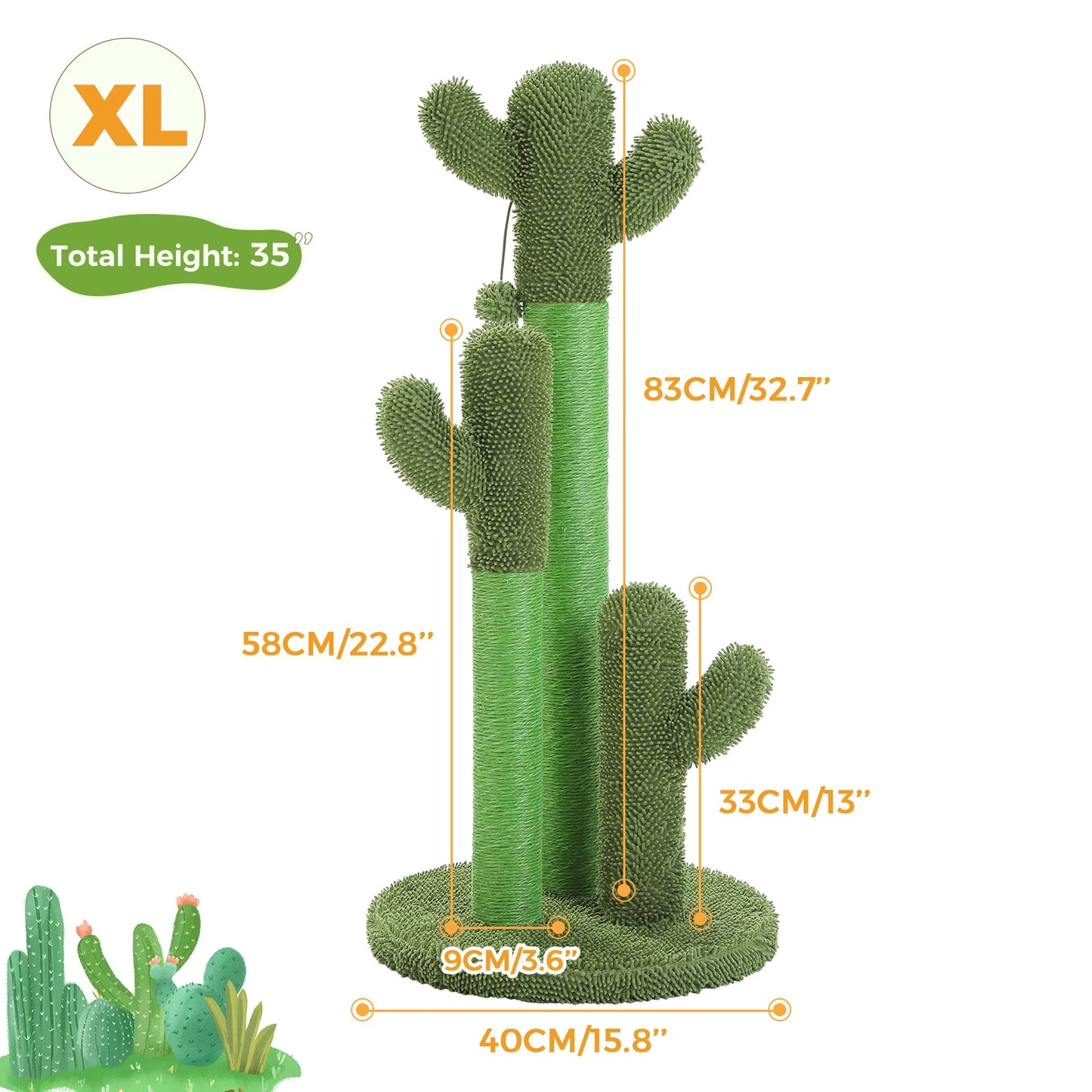 Cactus Cat Scratching Post for Indoor Cats Tall Cat Scratcher with 3 Sisal Scratching Poles Interactive Dangling Ball Cat Toys