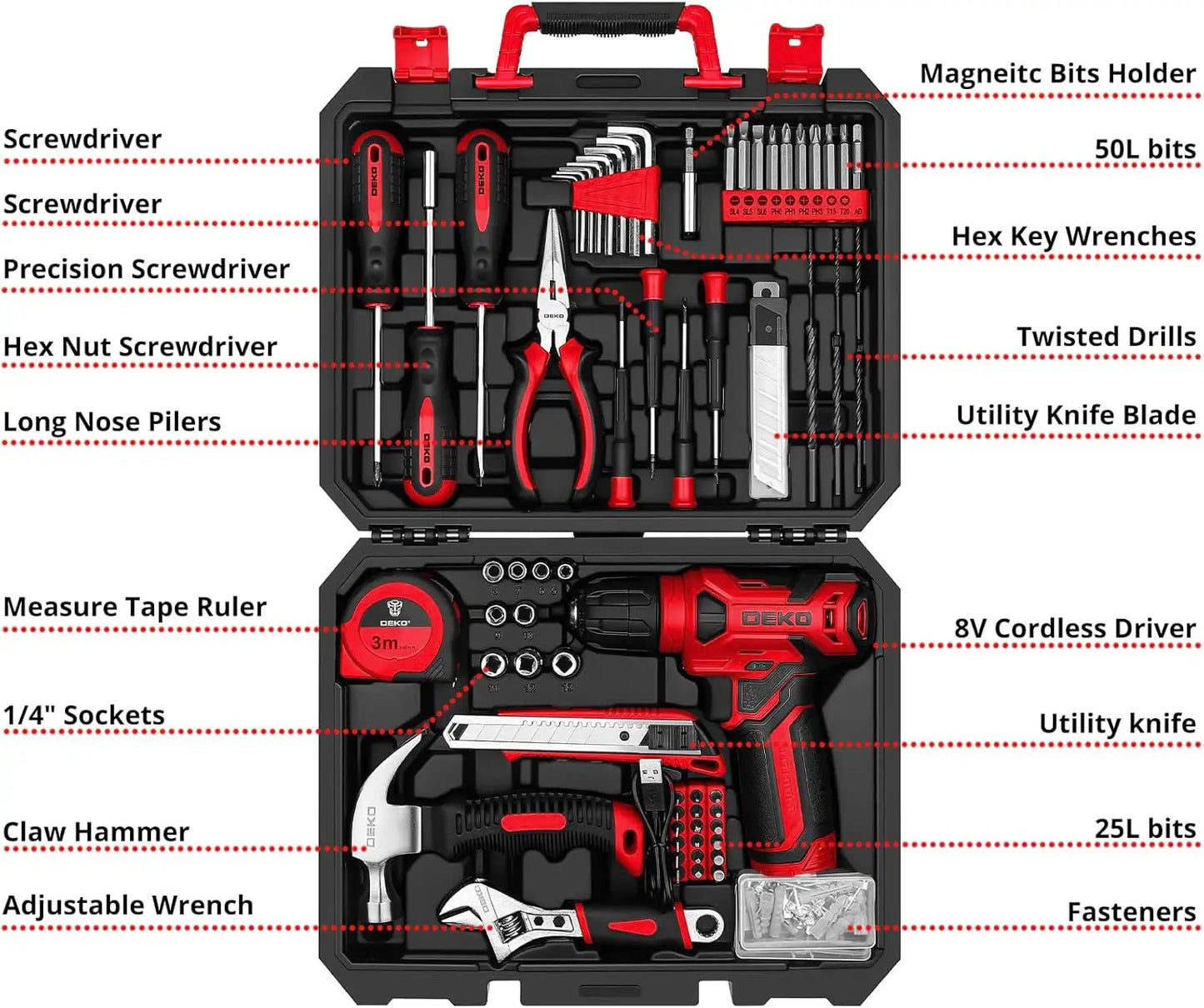 DEKO 8V Cordless Drill Set 126 Piece Home Tool Kit