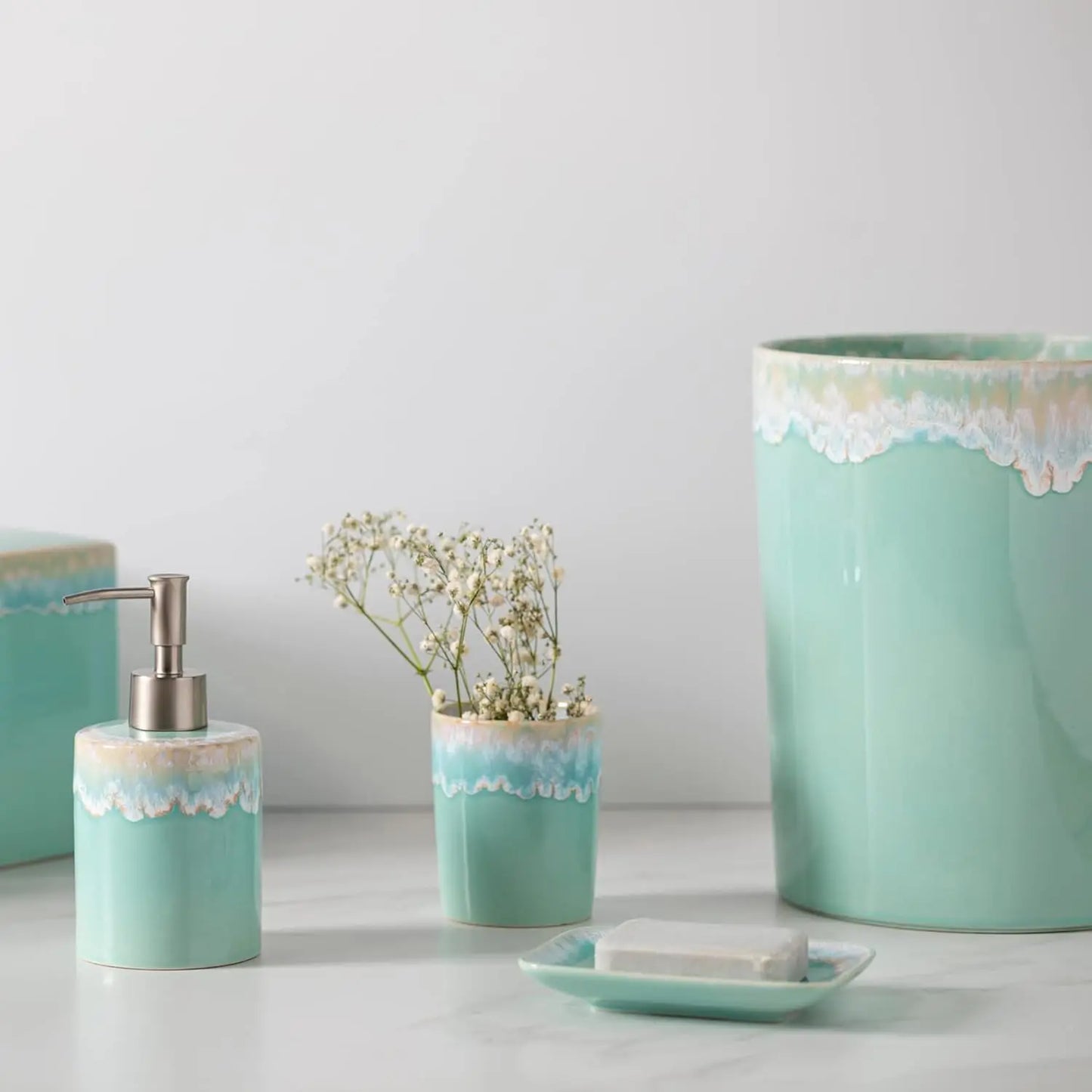 Ceramic Wastebasket in Taormina Collection, White Stoneware Bathroom Trash Can, 8 Inch Quality Bath Decor