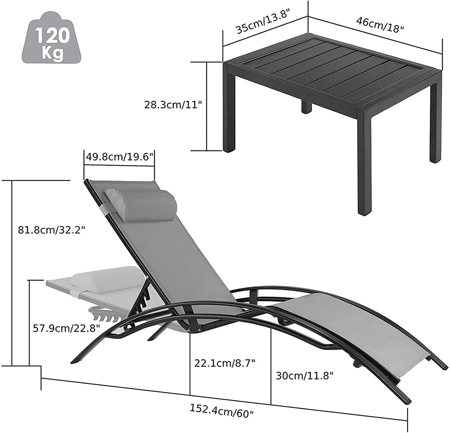 AuAg 5-Position Aluminum Outdoor Lounge Chair Set With Table