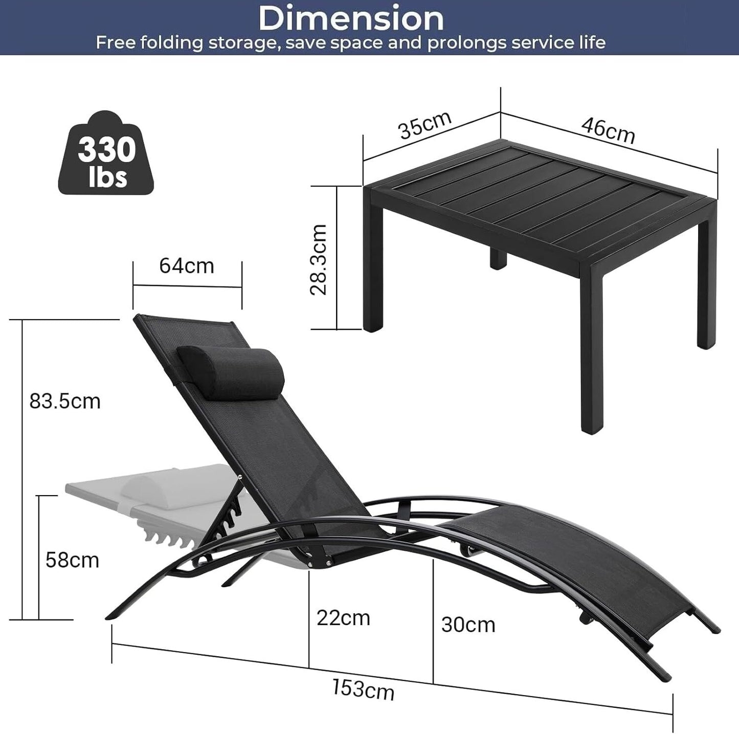 AuAg 5-Position Aluminum Outdoor Lounge Chair Set With Table