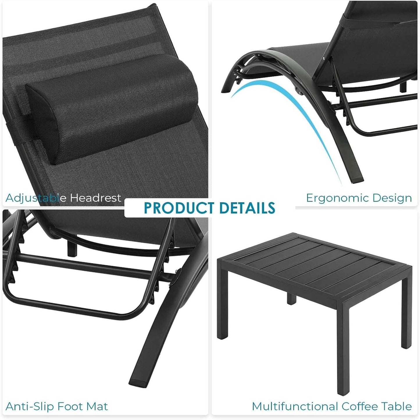 AuAg 5-Position Aluminum Outdoor Lounge Chair Set With Table