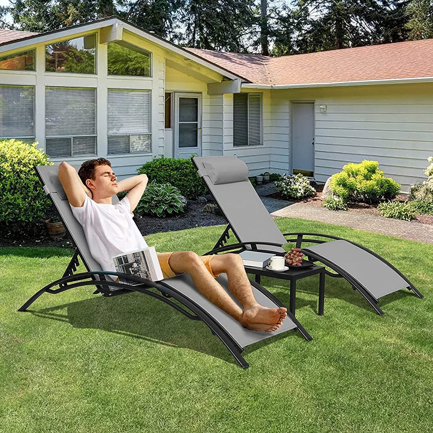 AuAg 5-Position Aluminum Outdoor Lounge Chair Set With Table