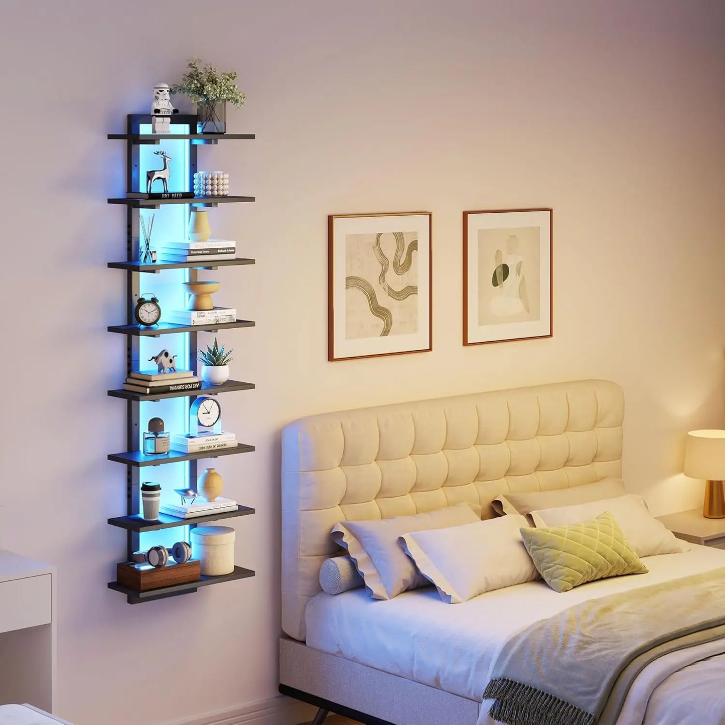 Floating 8-Tier Wall Shelf With LED Light Vertical Display