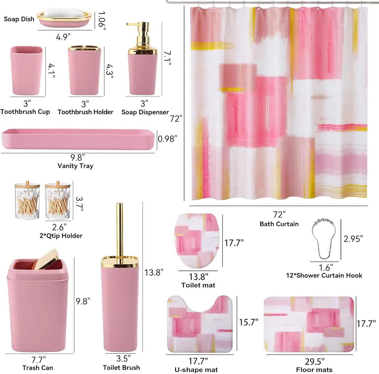 Bathroom Accessories Set With Shower Curtain, Rugs, Trash Can, Dispenser