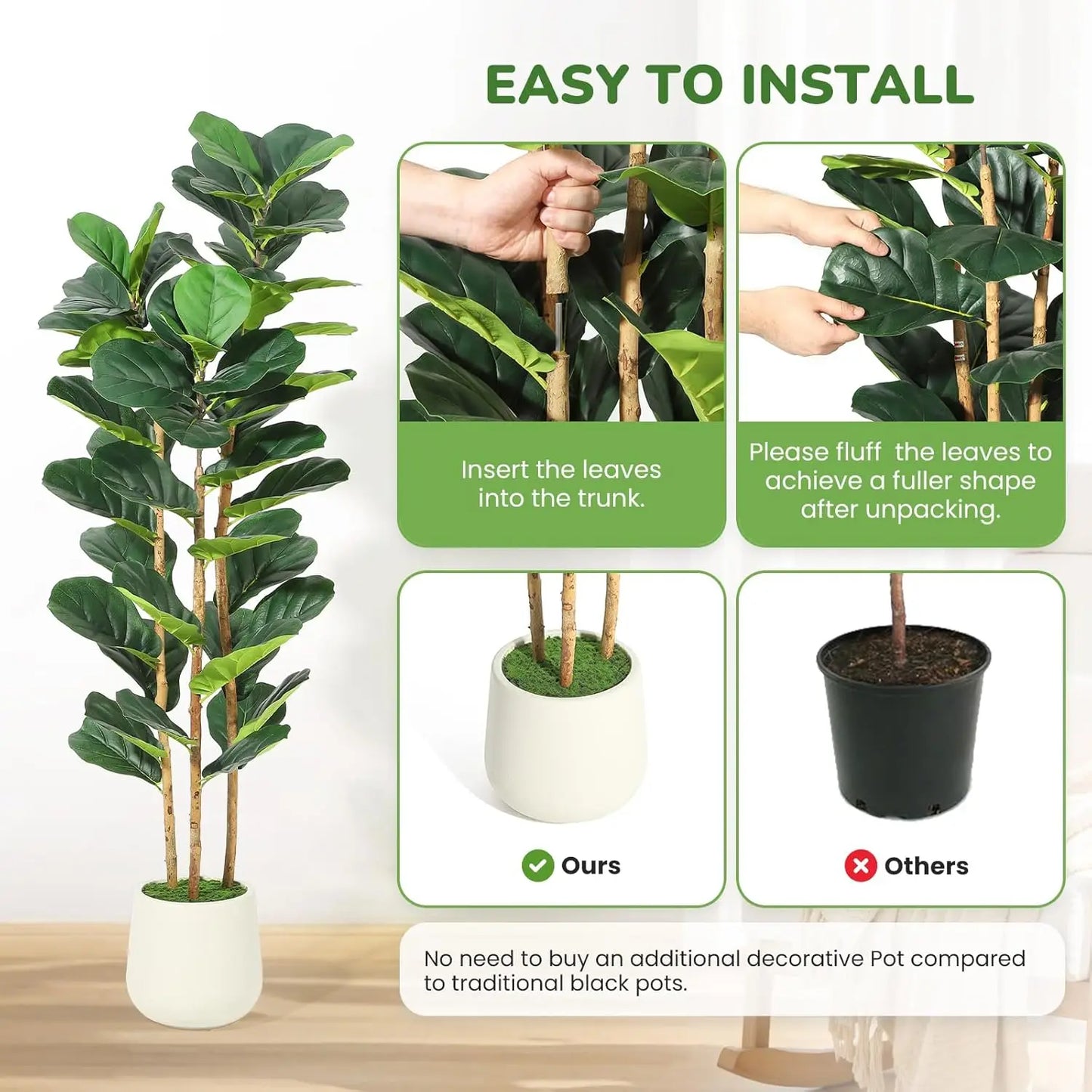 HiMISSCN Fiddle Leaf Fig Artificial Tree With Pot Indoor Decor