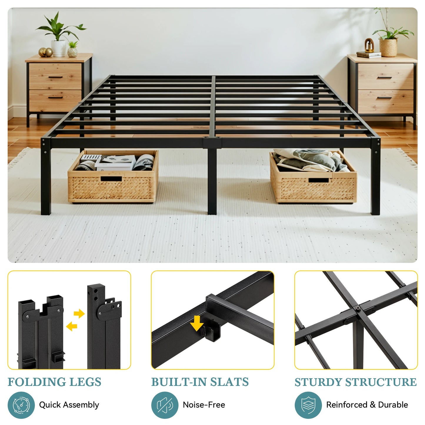 HOOMIC Twin/Full/Queen/King Heavy-Duty Metal Bed Frame with 14 Inch Under-Bed Storage — No Box Spring Needed, Easy Assembly