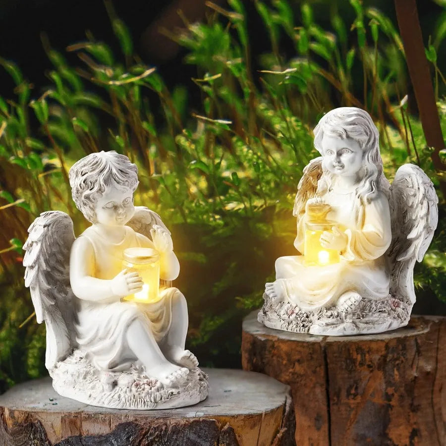 Two Angel Garden Statues Solar Outdoor Yard Decor Set