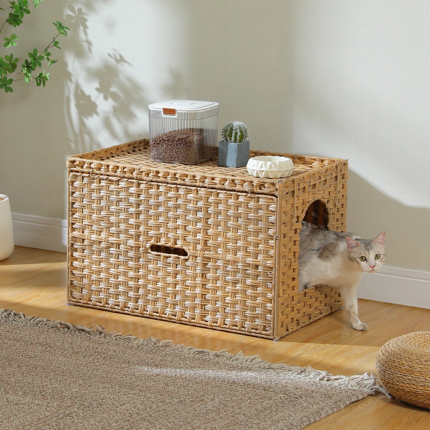 PEQULTICN Rattan Cat Litter Box Enclosure With Taller Doorway