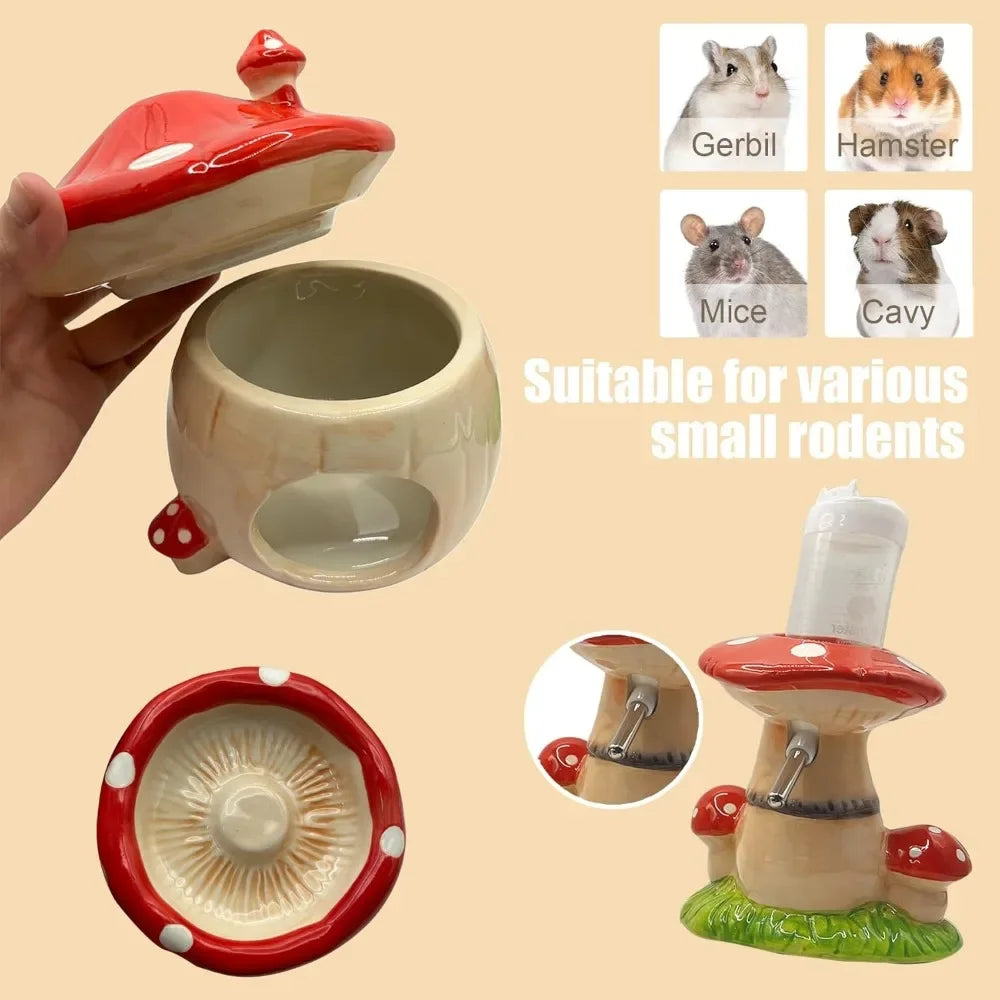 Mushroom Ceramic Hamster Hideout With Water Bottle Stand And Bowl