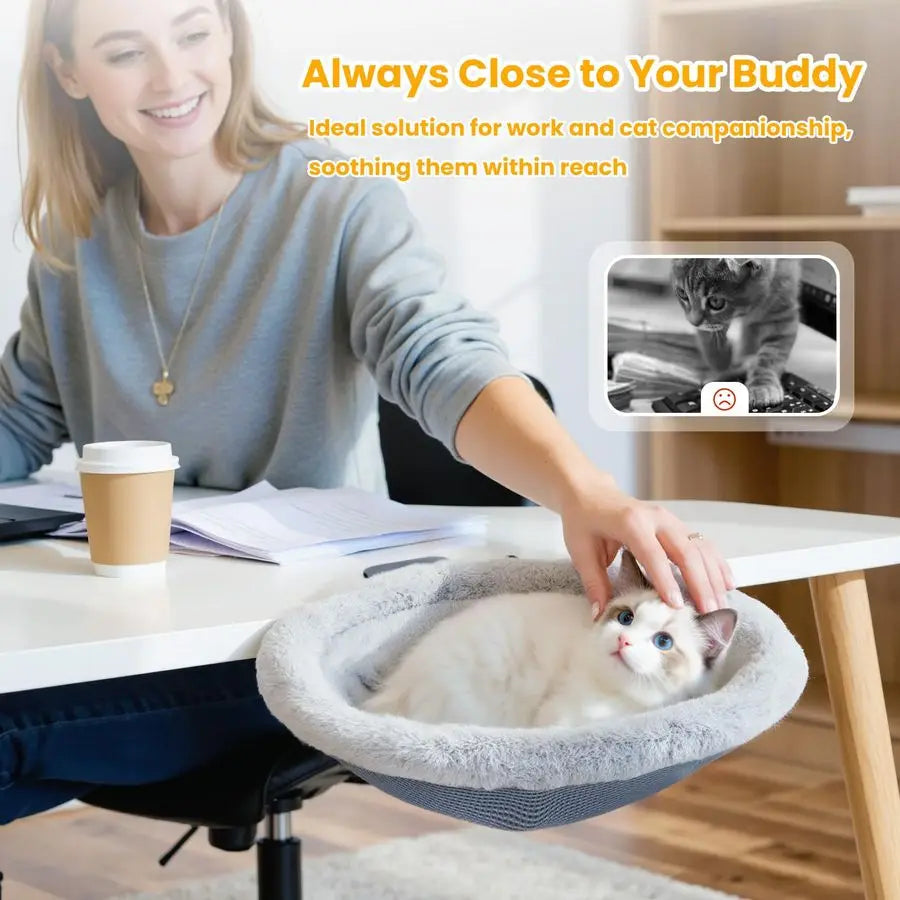 Cat Desk Bed With Clamp, Sunken Hammock And Plush Bed