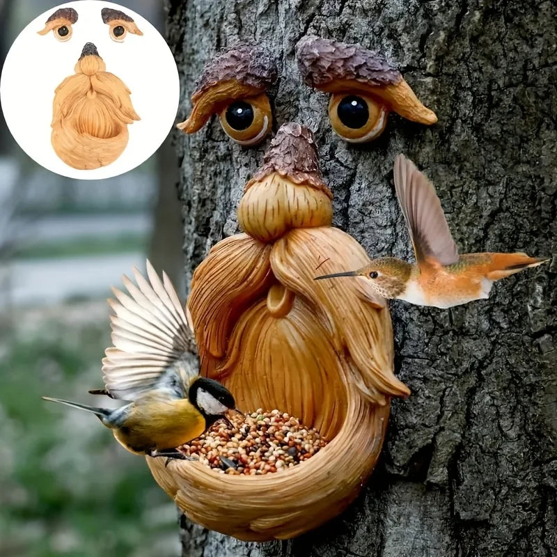 Tree Face Bird Feeder Outdoor Old Man Sculpture Garden Decor