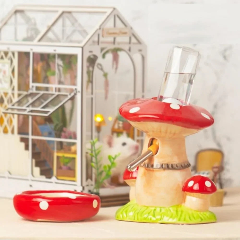 Mushroom Ceramic Hamster Hideout With Water Bottle Stand And Bowl