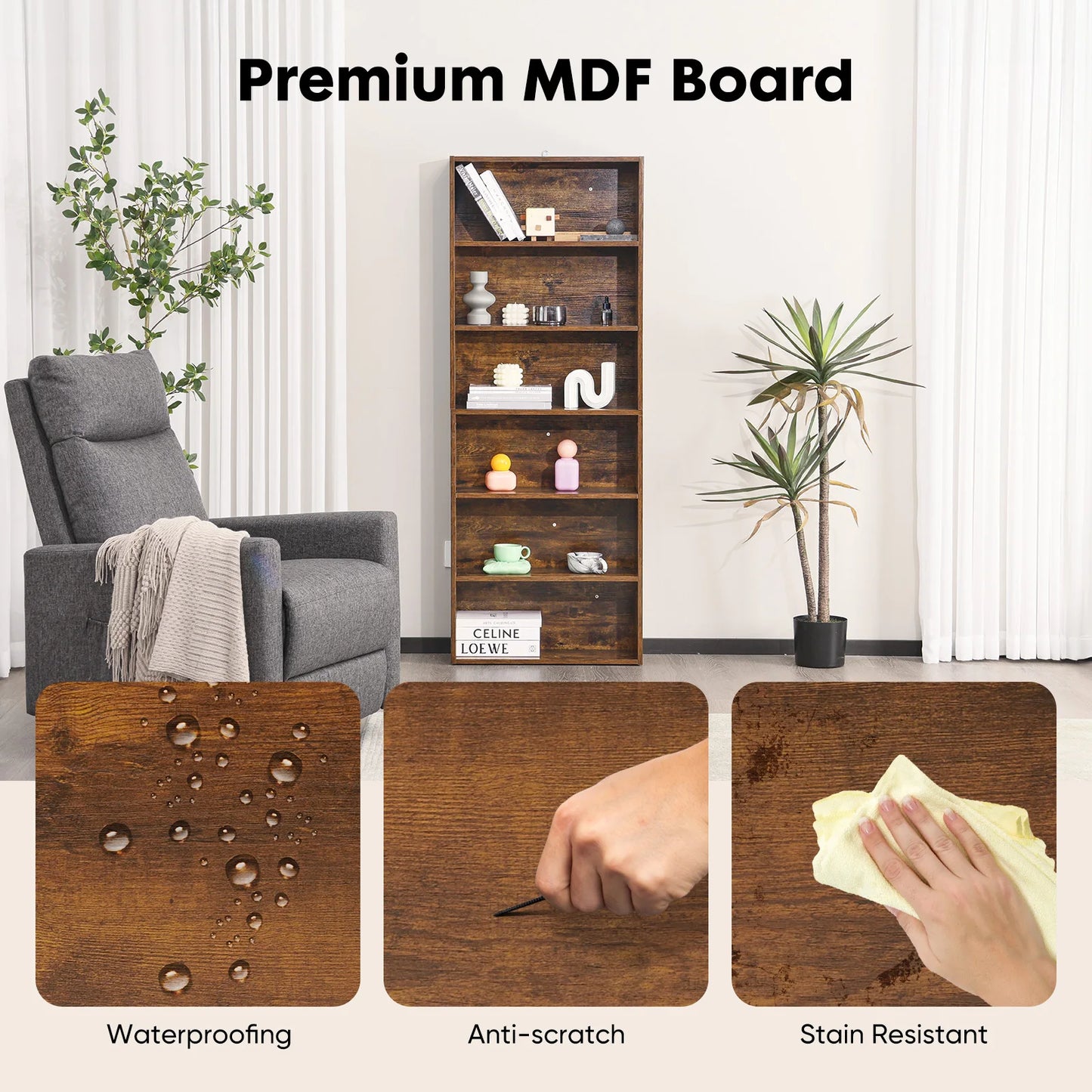 JHK 6 Tier Wooden Shelf Bookcase Floor Standing Living Room