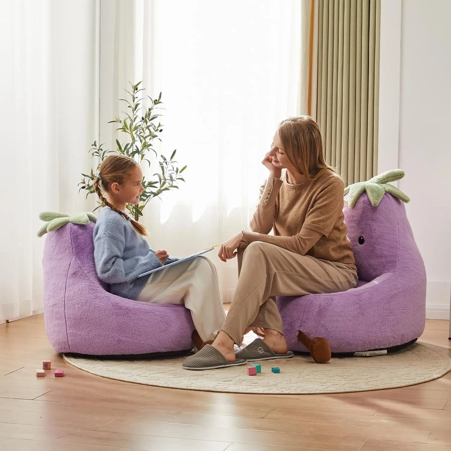 Eggplant Shaped Bean Bag Chair For Kids With Soft Plush Washable Cover