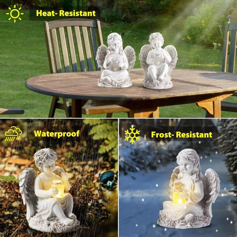Two Angel Garden Statues Solar Outdoor Yard Decor Set