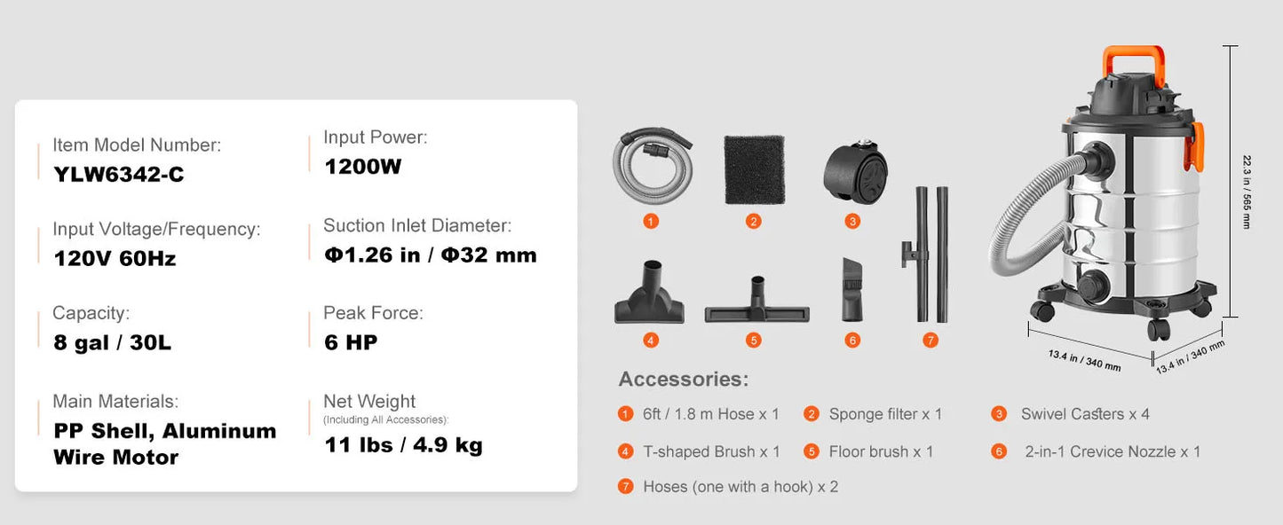 SucceBuy Stainless Steel Wet Dry Shop Vacuum Powerful Suction