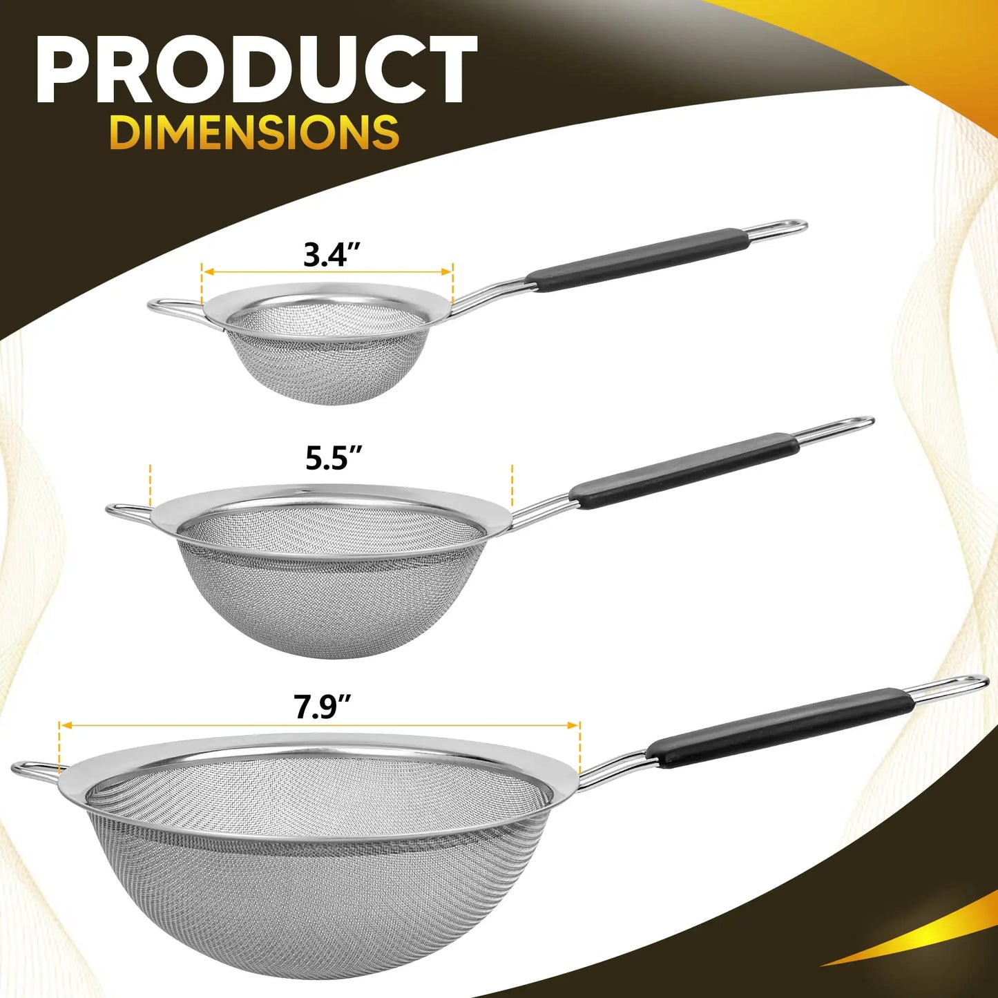 3 Pcs Fine Mesh Strainers Set of 3 Size with Handle,3.4",5.5",7.9" Kitchen Stainless Steel Strainer for Juicing,Pasta,Food,Flour