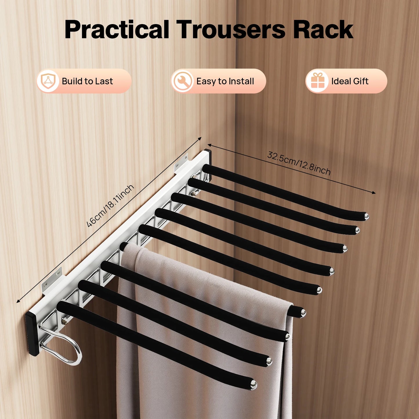 9 Arms Pull Out Trousers Rack Wardrobe Pants Organizer Retractable Closet Pants Hanger Right Left Side Mount