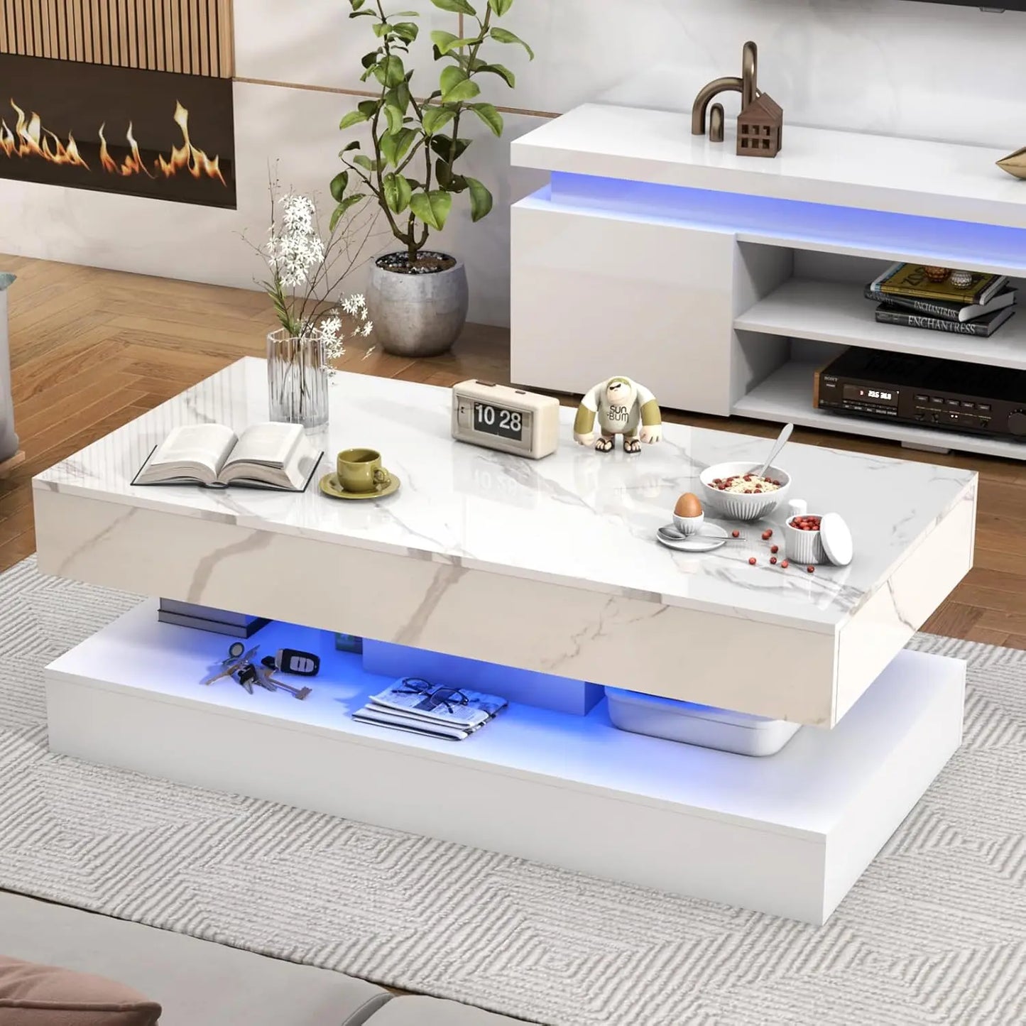 QiaoShiRen Modern LED Coffee Table With Double Layer Drawers