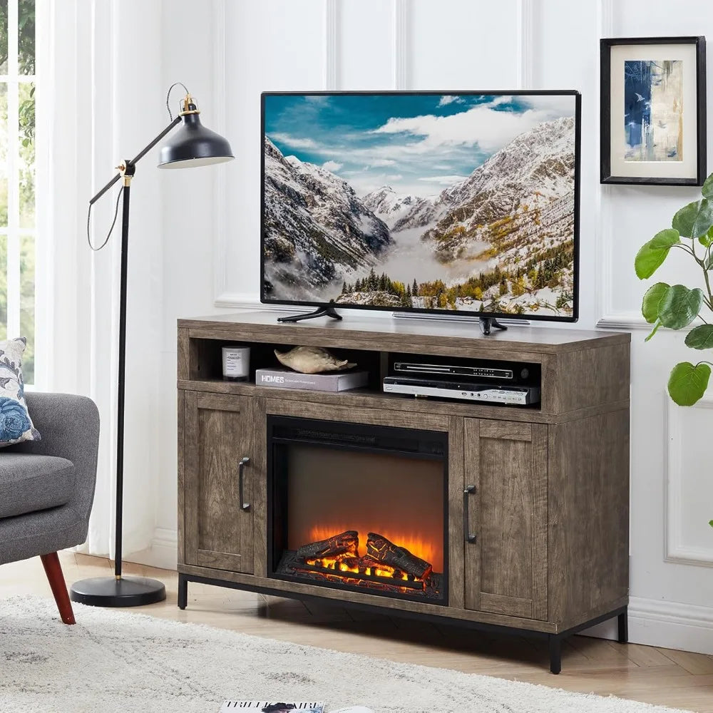 Rustic Fireplace TV Stand With Led Lights Farmhouse Entertainment Center