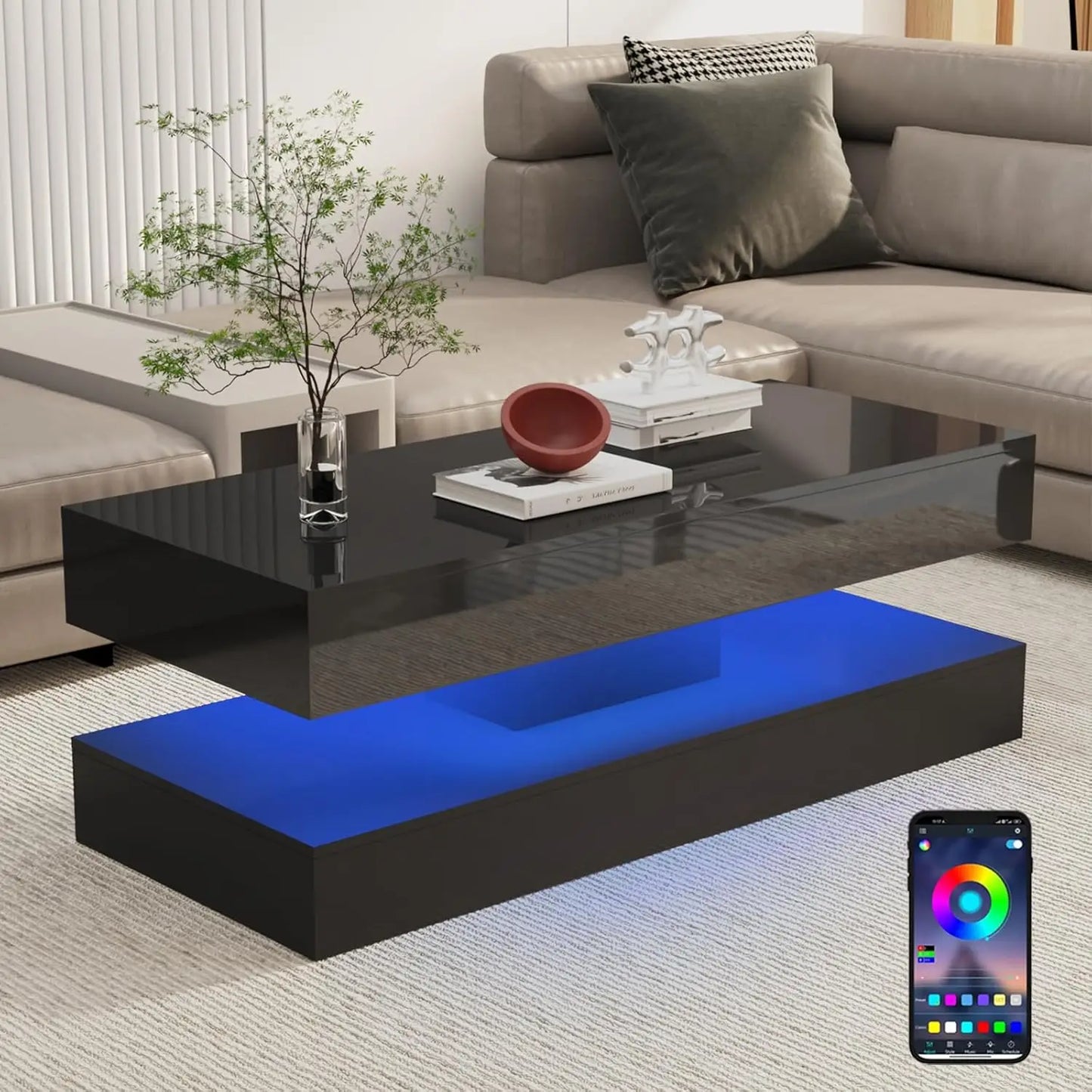 QiaoShiRen Modern LED Coffee Table With Double Layer Drawers