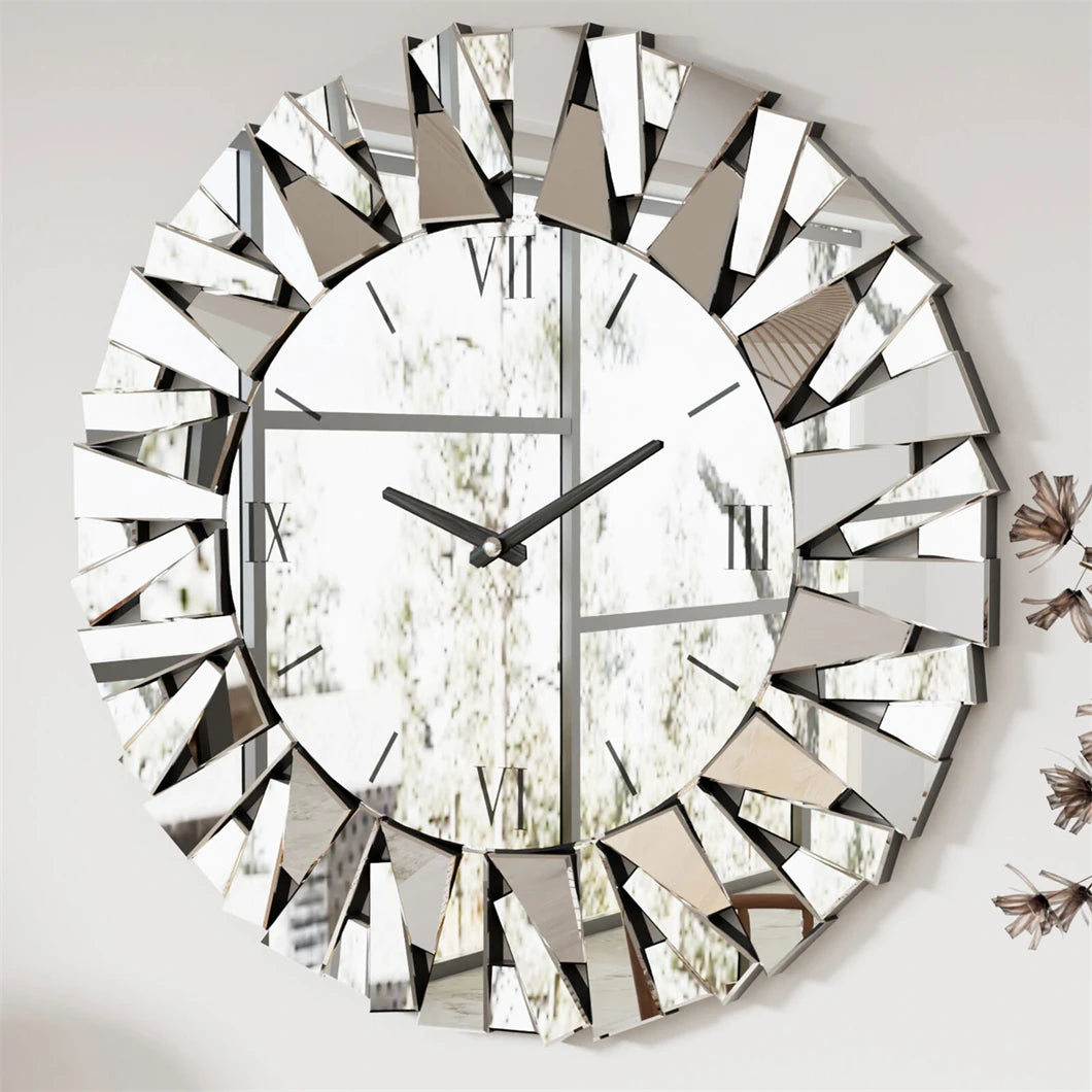 3D Mirrored Round Sunburst Wall Clock Roman Numerals