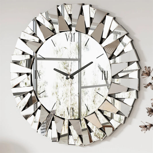 3D Mirrored Round Sunburst Wall Clock Roman Numerals