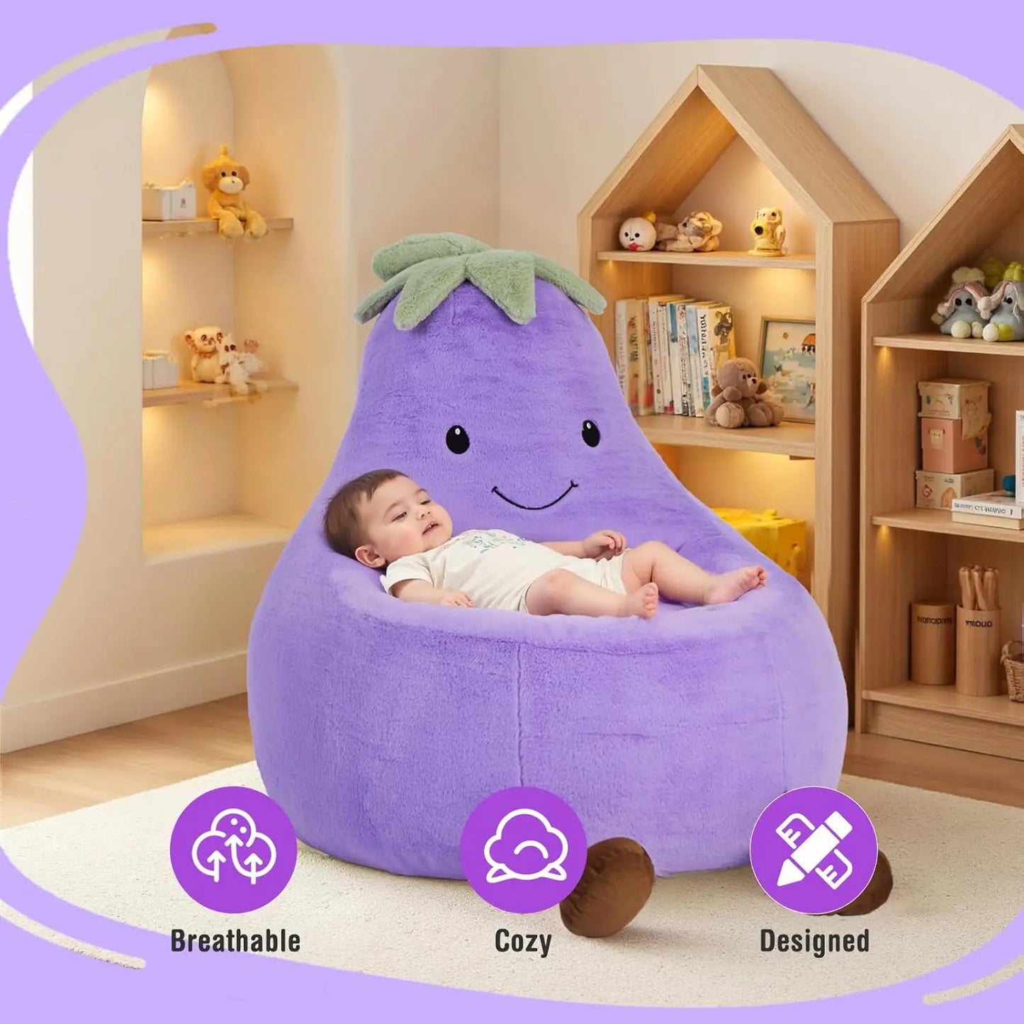 Eggplant Shaped Bean Bag Chair For Kids With Soft Plush Washable Cover