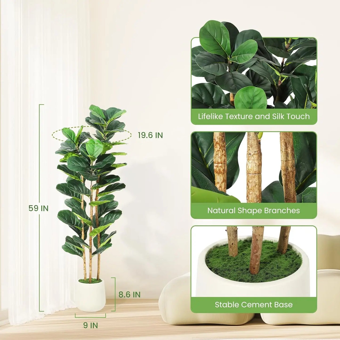 HiMISSCN Fiddle Leaf Fig Artificial Tree With Pot Indoor Decor