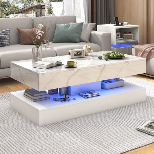 QiaoShiRen Modern LED Coffee Table With Double Layer Drawers