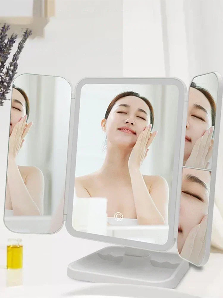 Trifold Vanity Makeup Mirror With Dimmable LED Lighting System Integrated