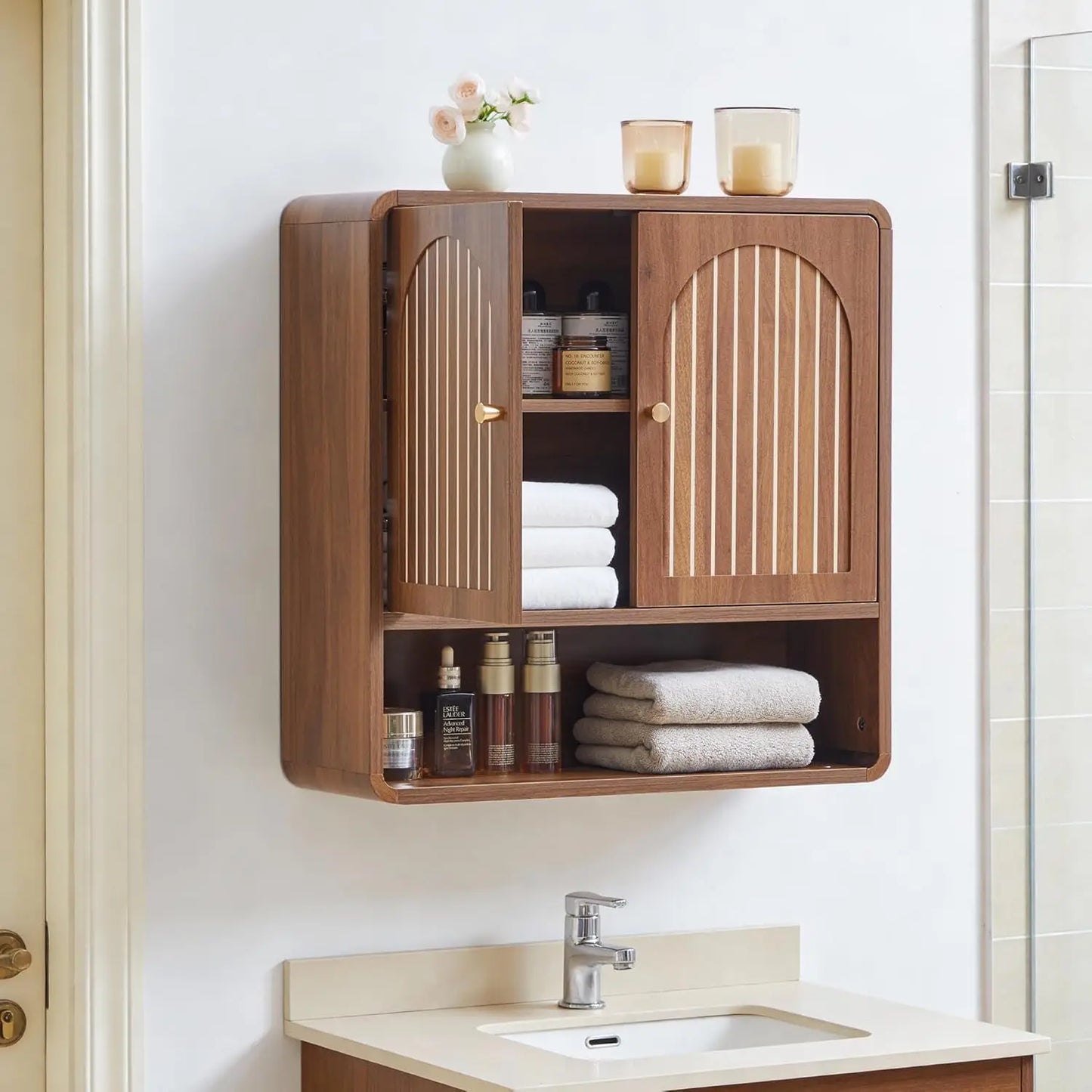 Wall Mounted Mid Century Wood Bathroom Cabinet With Adjustable Shelf