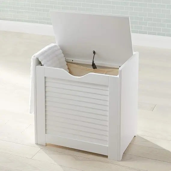 White Louvered Wicker Hamper with Lid