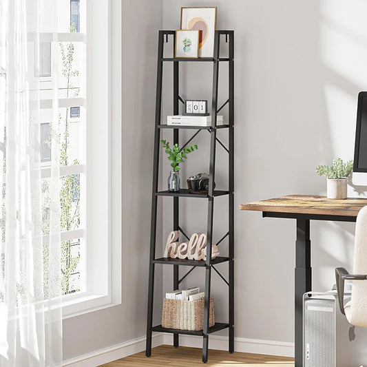 XIUWO Ladder Shelf Bookshelf With 2 Hooks Freestanding Corner Storage