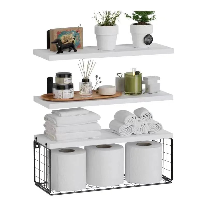 Wall Mounted Floating Shelves Triple Tier Wood Bathroom