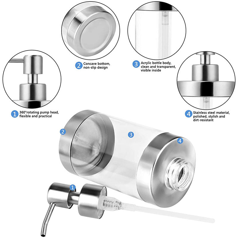Soap Dispenser Stainless Steel and Acrylic Shampoo Bottle for Bathroom Kitchen Washing Up Hand Soap Shower Gel 350ML