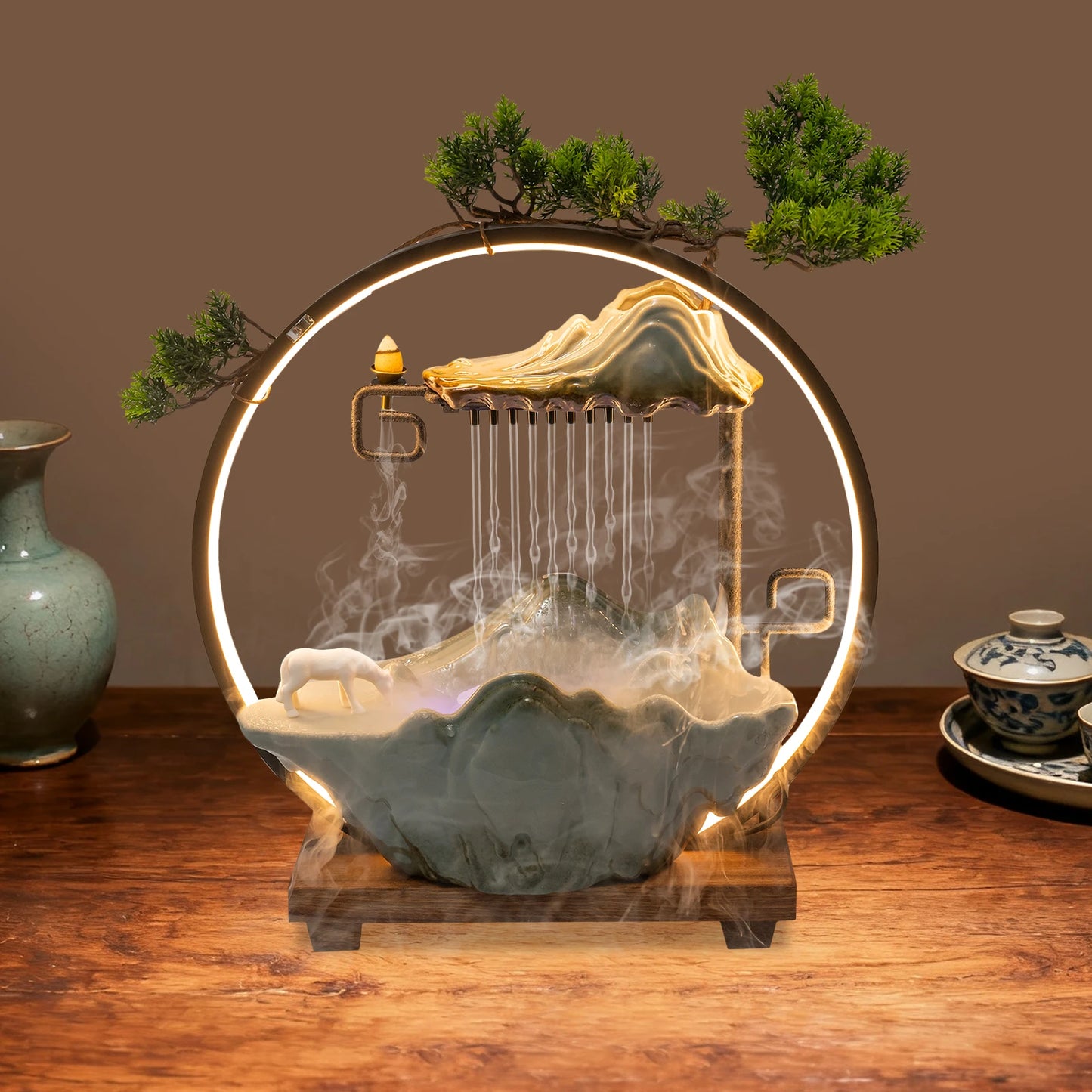 Indoor Tabletop Water Fountain Waterfall Decoration With Mist Rockery Horse Plants LED Quiet For Meditation Feng Shui Home Decor