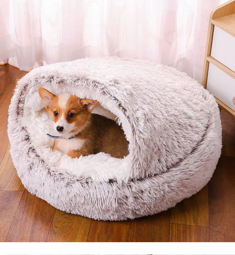 Winter Ultrasoft Plush Round Cat Bed 2 In 1 DeluxeNest
