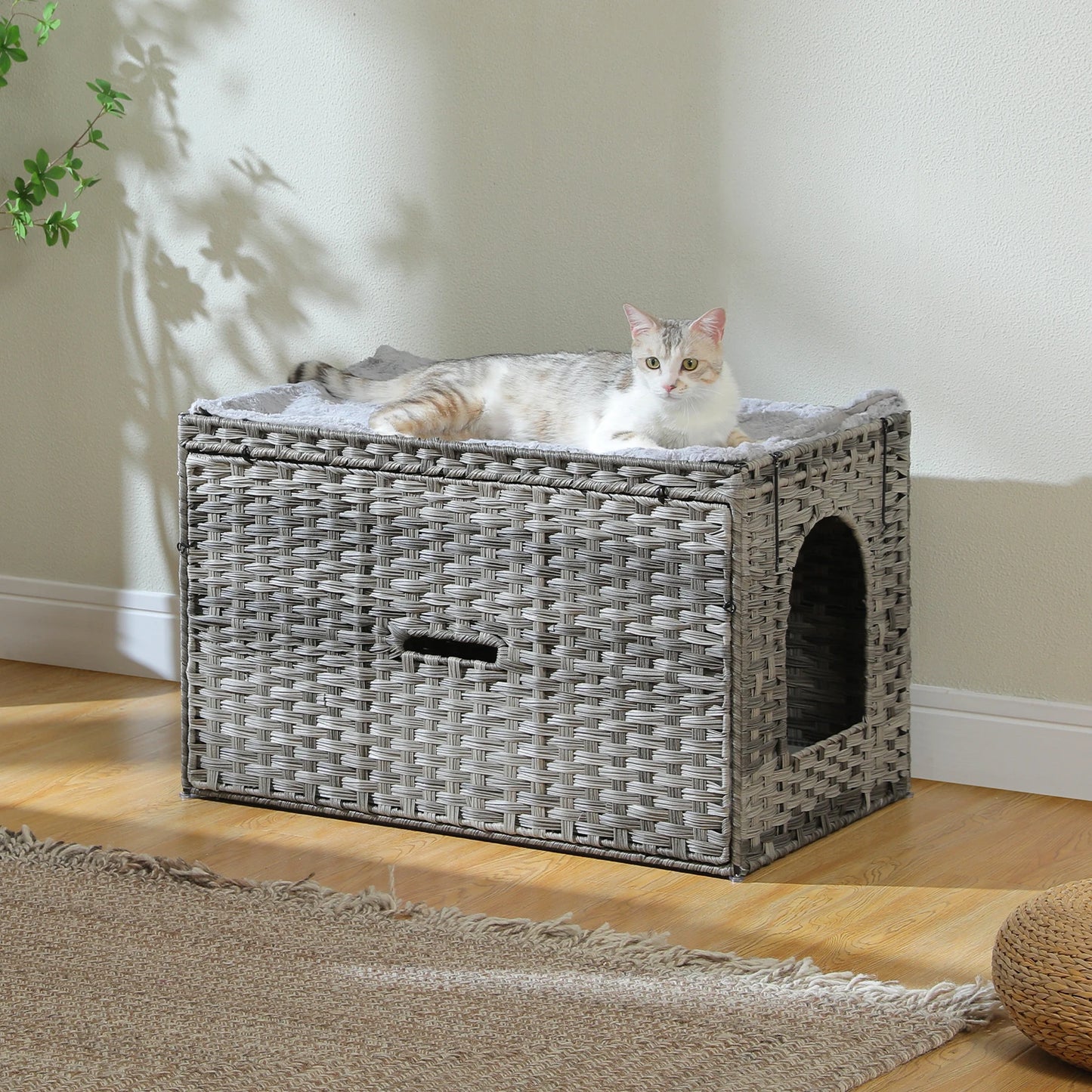PEQULTICN Rattan Cat Litter Box Enclosure With Taller Doorway